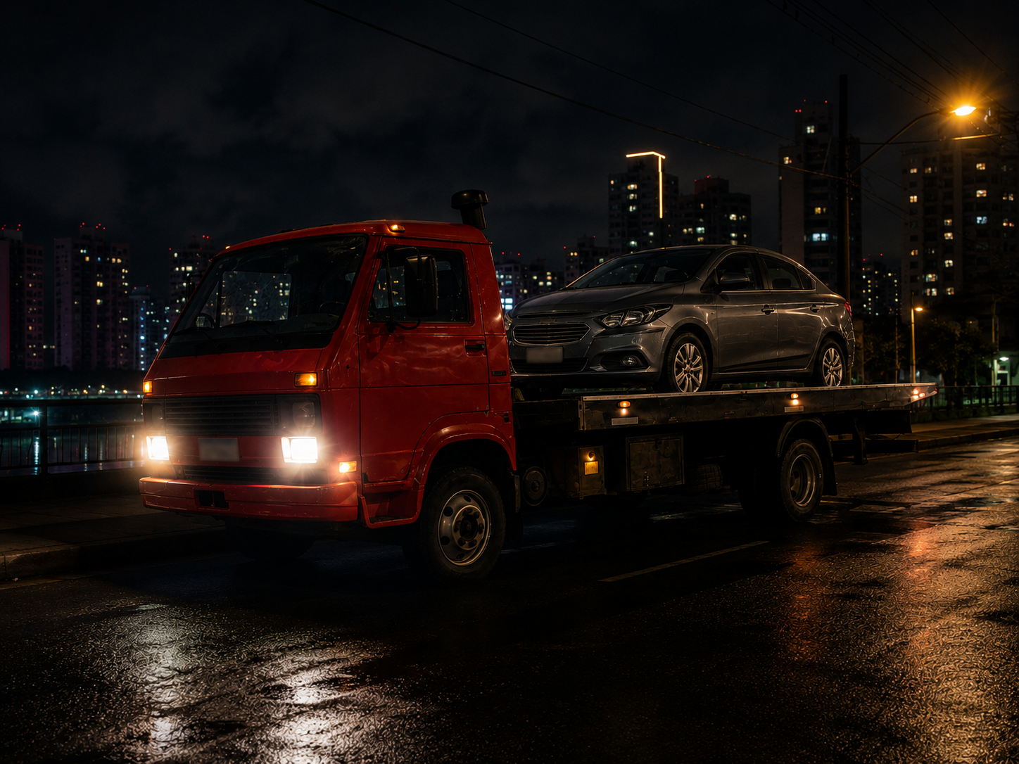 Caminhão guincho vermelho atendendo à noite em Porto Alegre